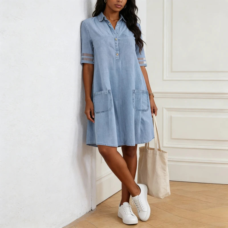 Women Denim Dresses Button Solid Dress Turn Down Collar Pockets Streetwear Short Sleeve A Line Regular Vestidos Summer 2026