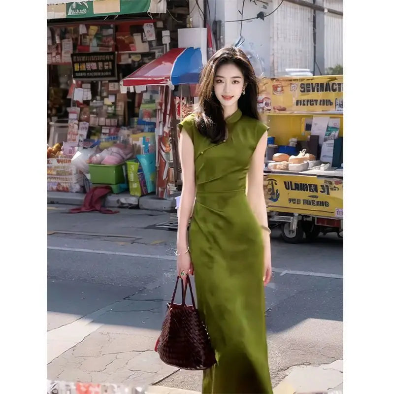 2024 New Green Chinese Style Cheongsam Vintage S To XXL Sleeveless Qipao Women Elegant Evening Long Dress High Quality