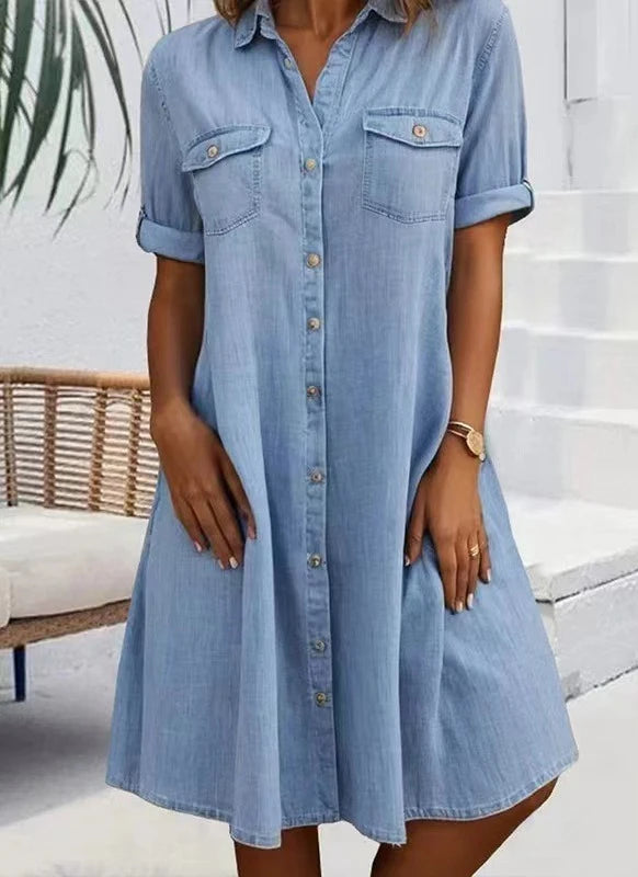 2026 Design Sense Five Quarter Sleeve Loose Fit Denim Plus Size Women's Slim Fit Dress
